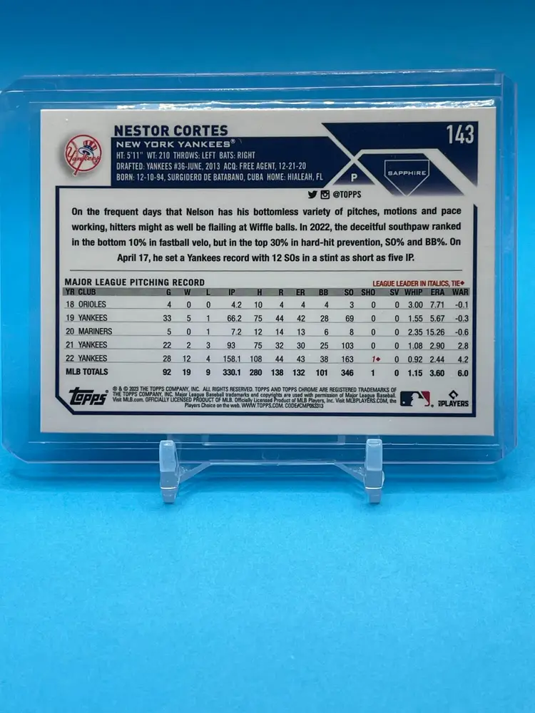 2023 Topps Chrome Sapphire Nestor Cortes NY New York Yankees