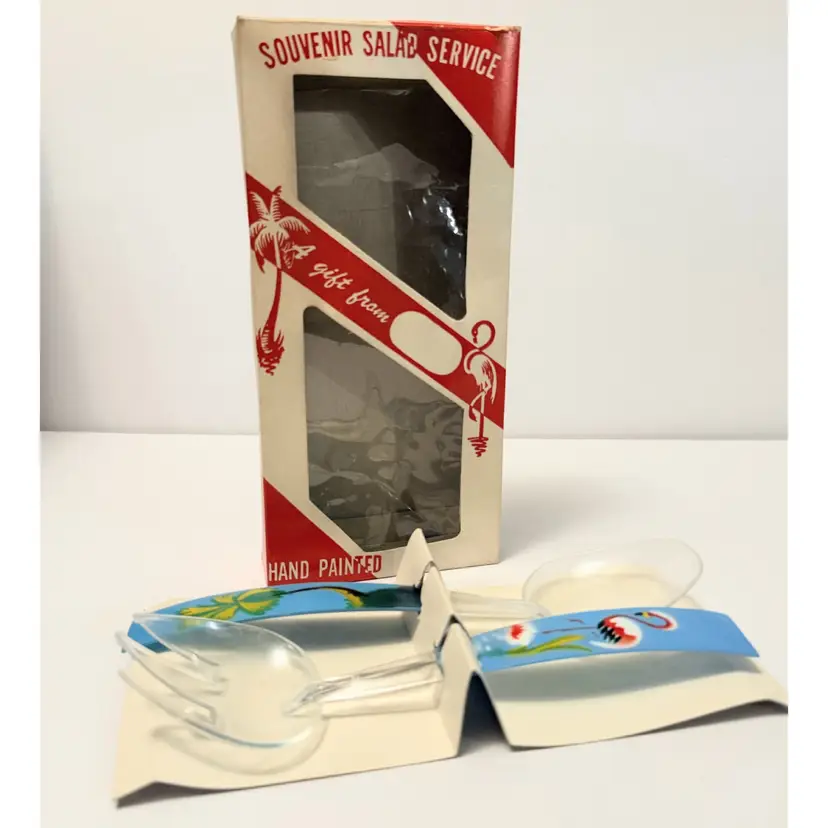 VINTAGE SALAD FORK SPOON SOUVENIR Pink Flamingo & Palm Tree