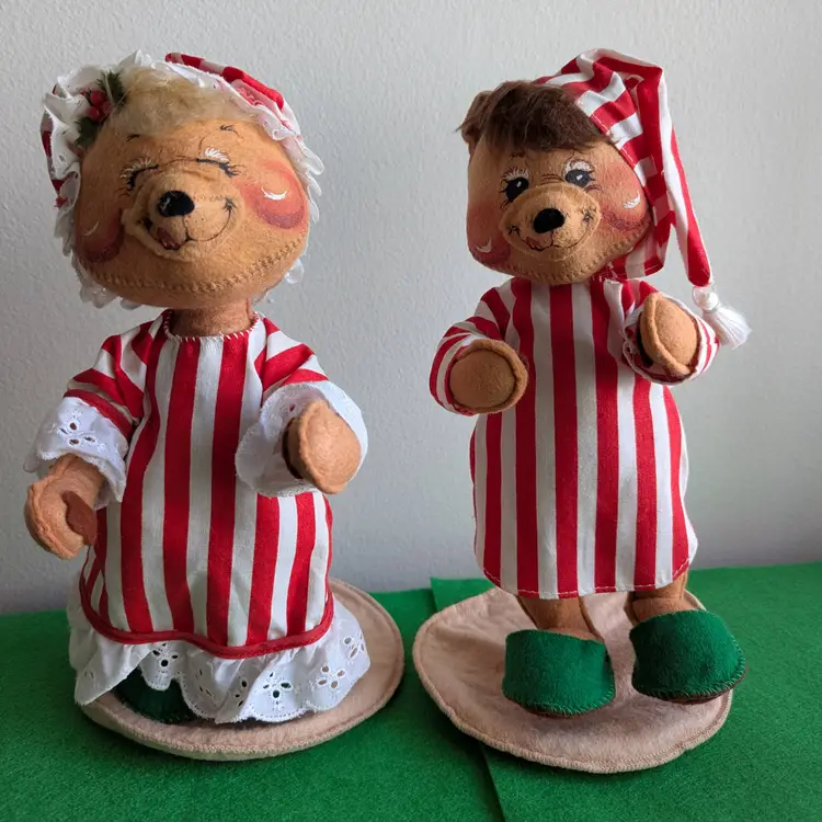 #01 VTG Annalee Boy & Girl bear Stripped Pajamas 1992  12" tall RARE Christmas