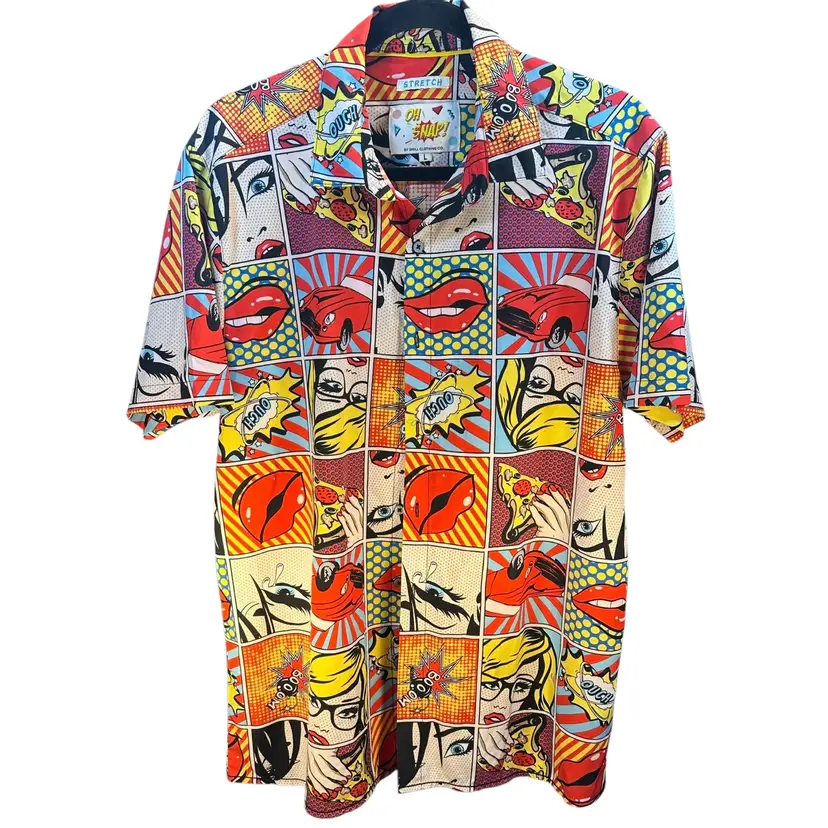 Oh Snap Drill Clothing Mens Size L Colorful Comic Cartoon Art Polyester Preworn Button Front