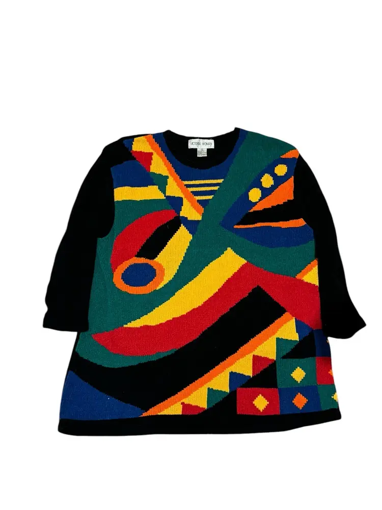 Vintage Victoria Woman Black Multicolored Geometric Crewneck Sweater Acrylic 1X