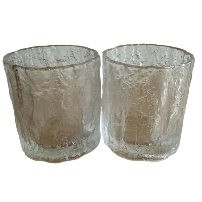 Vtg Barware Hoya Japan Frostfire Textured Glass Two Rocks Glasses Set