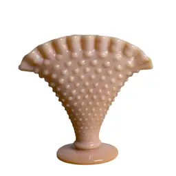 Vintage Fenton Pastel Pink Hobnail Milk Glass 4" Mini Fan Vase Ruffle Edge