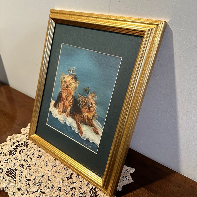 Adorable original painting of 2 Yorkshire Terriers From 1999 Signed by Shirley Oates.  Beautifully Mastered and framed in a Gold frame.  These adorable faces make you want to pick them up and snuggle them!! Size: 16” x 13”