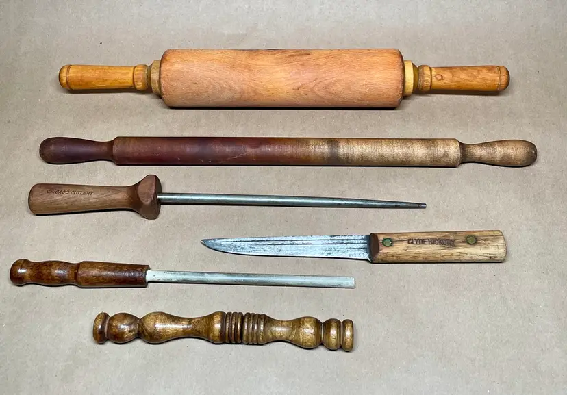 Vintage Primitive Wooden Rolling Pin Ice Pic Knife Sharpeners Knife Chicago Cutlery
