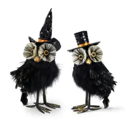 Halloween Black Feather Owls With Hats (2 Pieces)