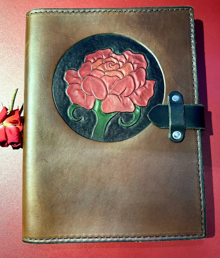 Handmade Leather Cover For Standard Paper Notebook 8x10 Tooled Rose With Closure 