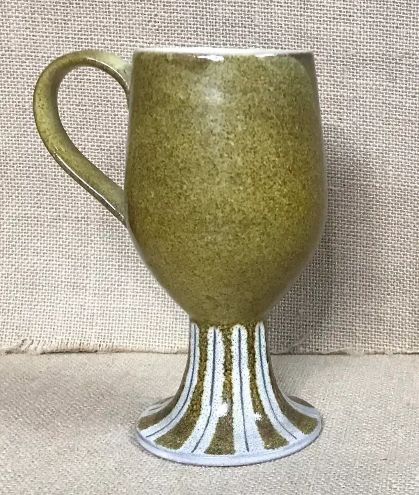 Italian Art Pottery Pedestal Mug Cup Speckled Mustard Yellow Brown Striped Base