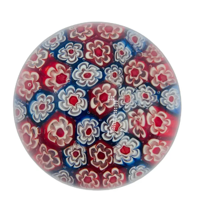 Vintage Red, White, & Blue Millefiori Decorative Paperweight Floral Patriotic