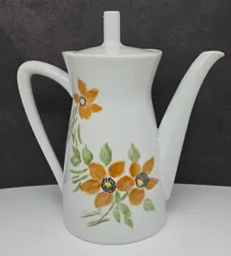 Vintage Floral Ceramic Teapot, Orange Flowers, Hand Painted, Signed, 1987