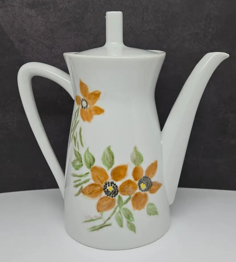 Vintage Floral Ceramic Teapot, Orange Flowers, Hand Painted, Signed, 1987