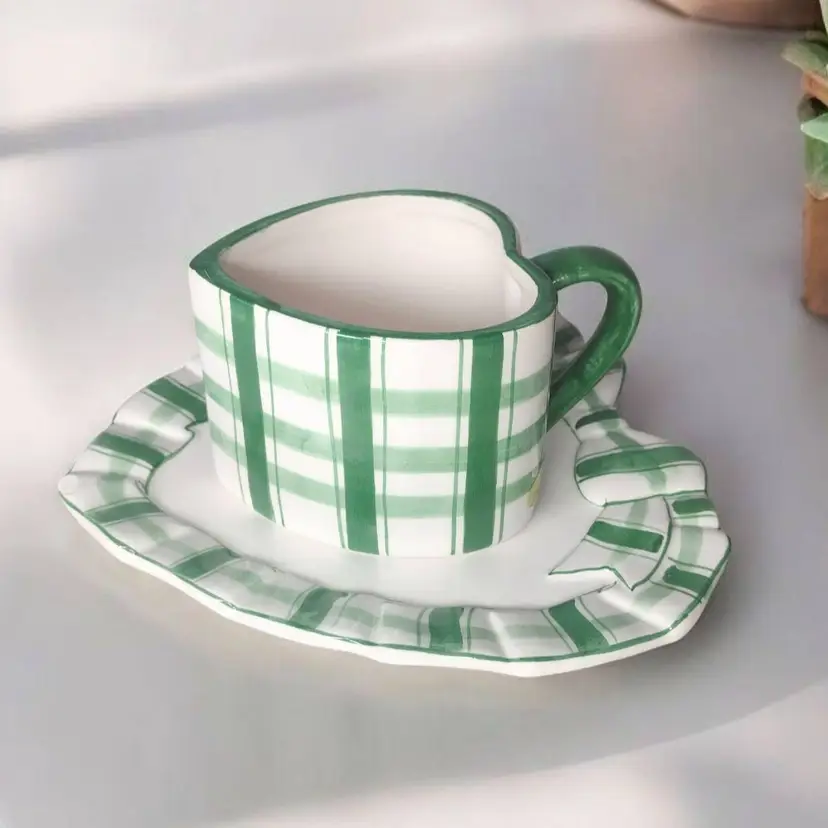 Vintage CS Papel Freelance Ceramic Plaid Heart Cup & Saucer Handpainted READ