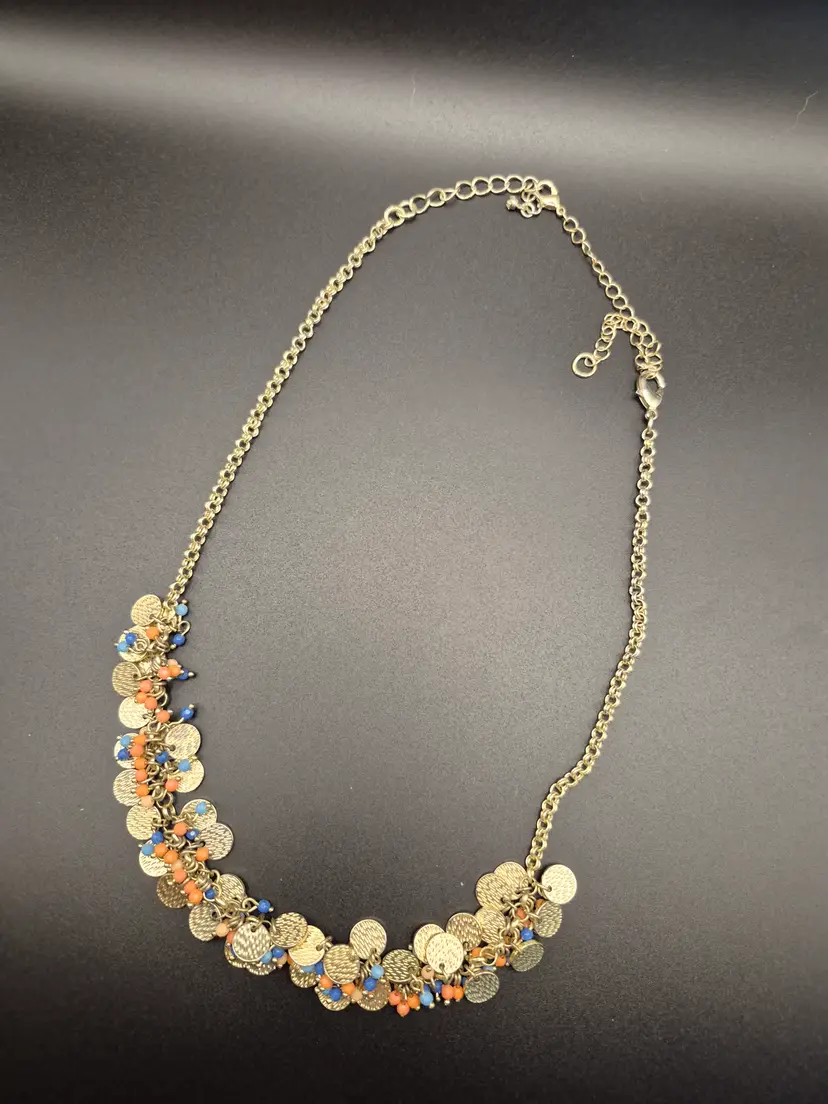 Gold Disc, Salmon, and Blue Statement Necklace