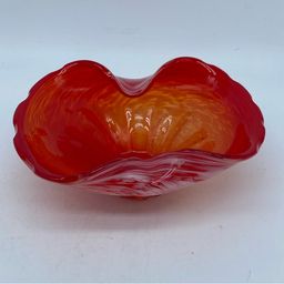 #0304 Vintage art glass ruffled bowl with red and amber hues 6.5” x 3”