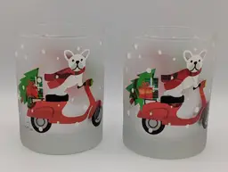 A Pair of Culver Frosted Low Ball Glasses - White French Bulldog on Scooter