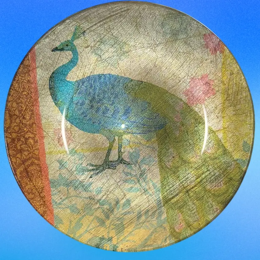 Set Of 4 Pier One Imports Peacock  Foil Art Glass Dessert Plates