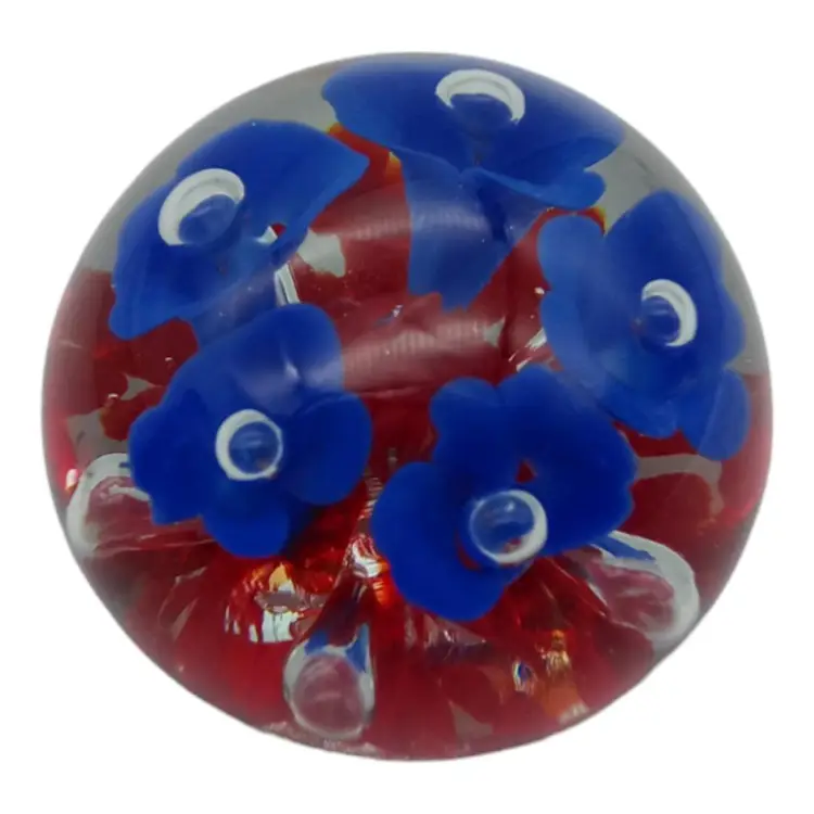 Signed Handblown Glass Art Glass Blue and Red Florals Paperweight Joe Rice 2005