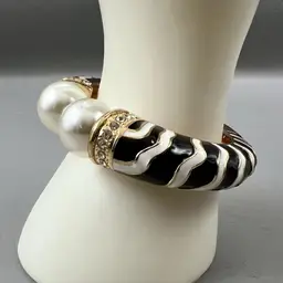 Gold Tone Zebra Enamel Hinged Bangle Bracelet Faux Pearl Rhinestone Statement 5.75"