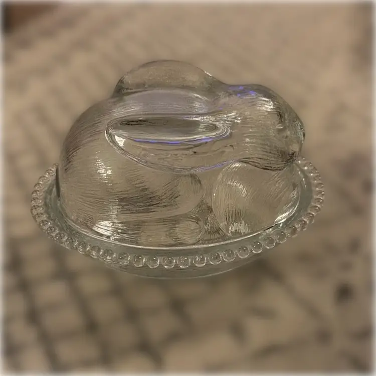 Vintage Clear Indiana Glass Bunny Rabbit On Nest Candlewick Edge Candy Dish - 7” long, 5.5” wide, and 5” tall