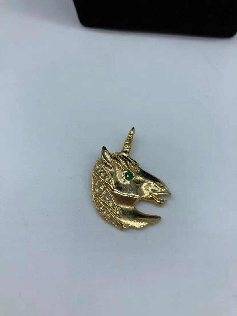 Vintage Gold Tone Unicorn Pendant Clear Rhinestone Mane Green Rhinestone Eye