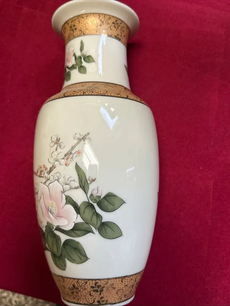 Rare Mid-Century Japan Porcelain Floral Vase Hand painted Birds & Magnolia, 10”H