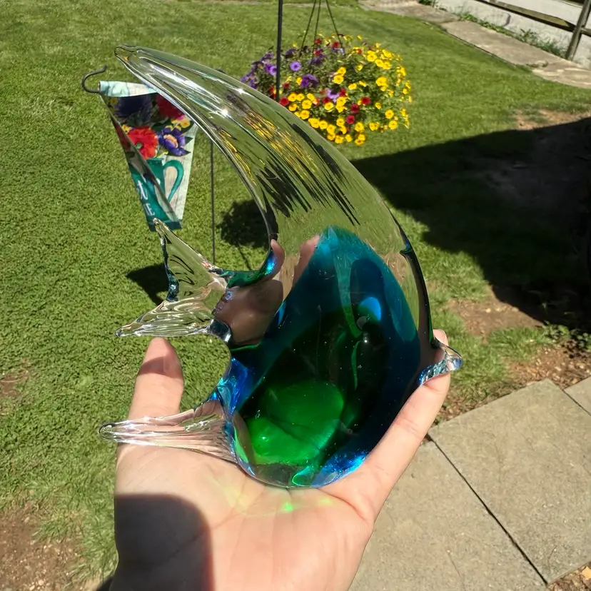 Handblown Vintage Art Glass Angelfish Blue Green Beach House Nautical 6” Tall