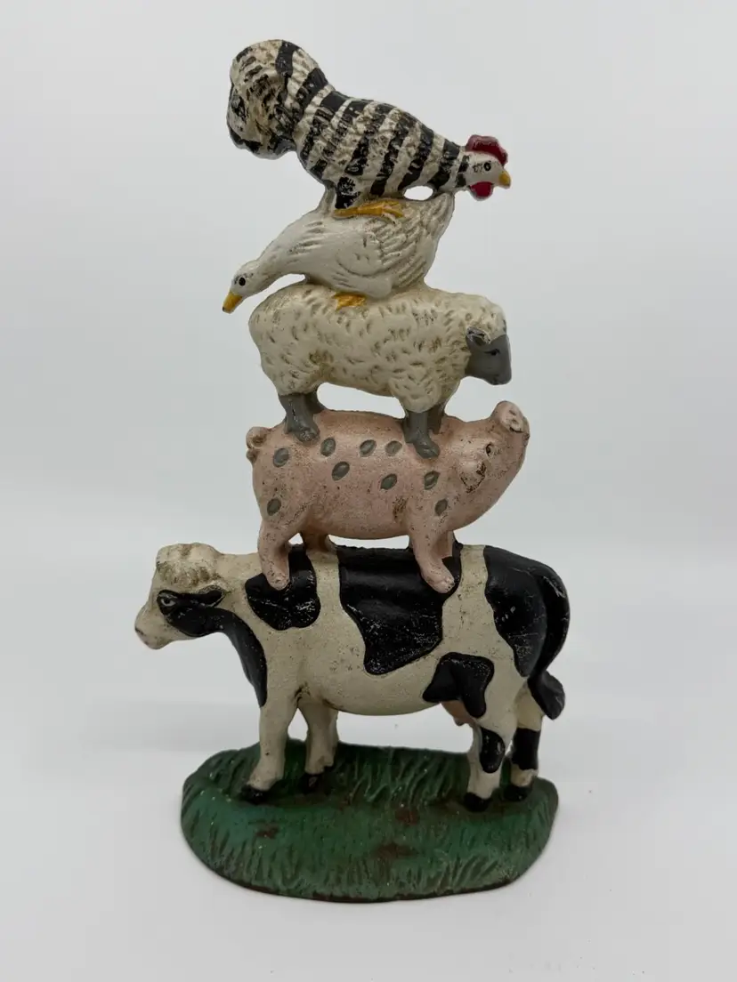 Vintage Cast Iron Doorstop Farm Animal Stack Cow Pig Sheep Duck Rooster