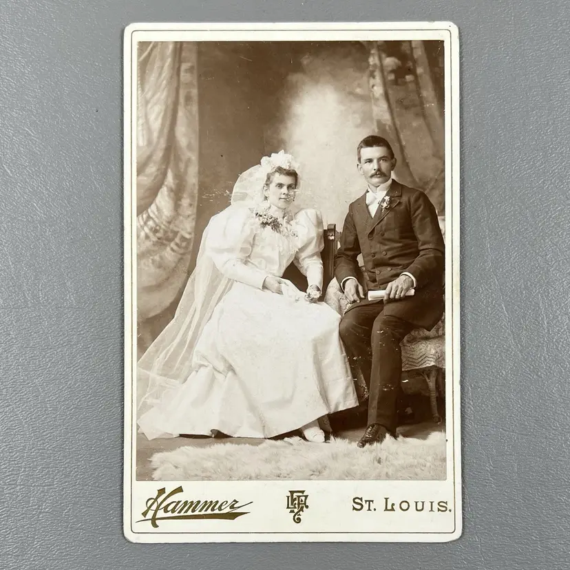 Antique Cabinet Card Photo Bride & Groom St. Louis MO Hammer Gallery Mustache