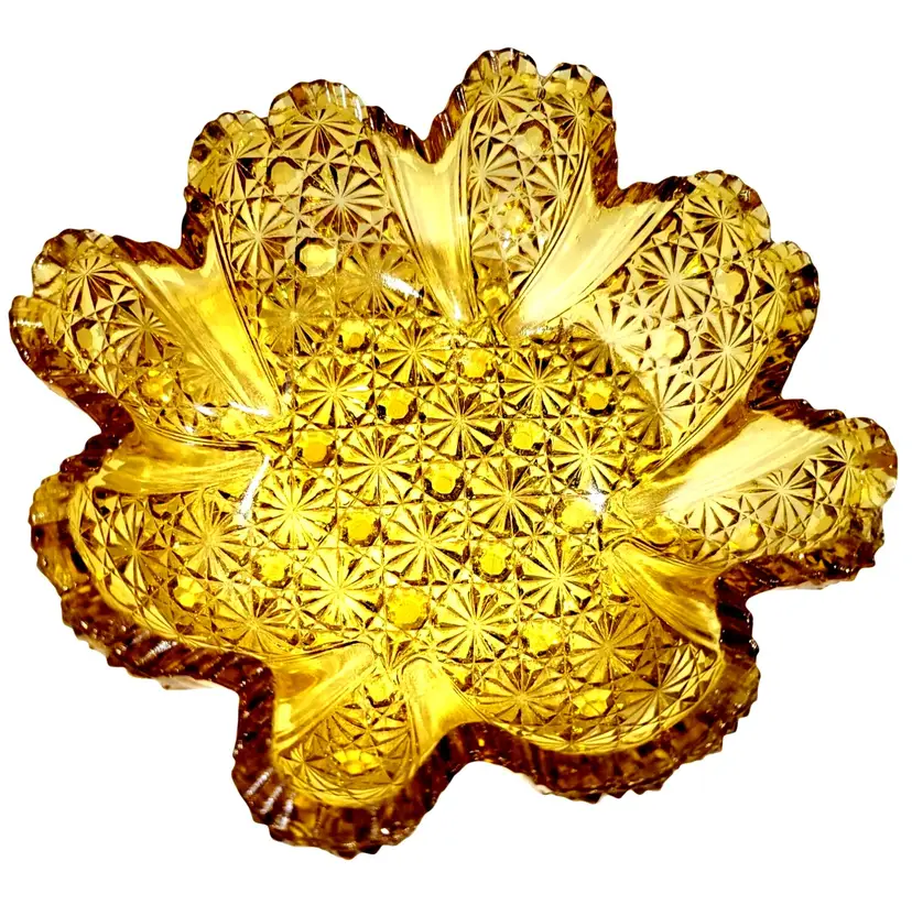 Vintage Westmoreland Amber Glass Daisy and Button Candy Dish Sawtooth Edge 5”