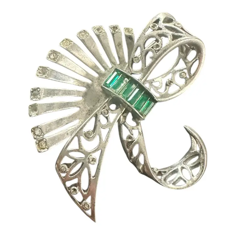 Vintage WL Sterling retro Modern Bow Pin Green Baguette Stones 2 1/2 inches