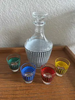 Barware Vintage Midcentury France Glass Decanter with 4 Shot Glasses MCM