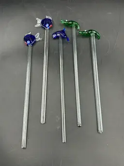 5 Hand Blown Or Glass Swizzle/Stir Sticks, Fish, Dolphin, And Alligators