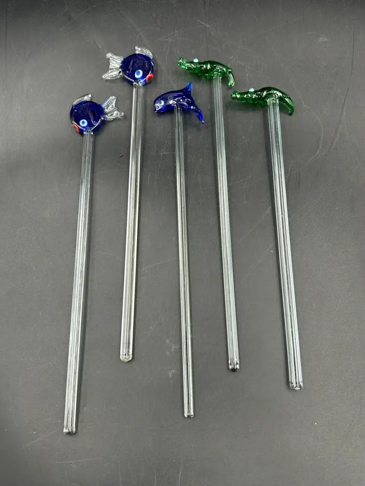 5 Hand Blown Or Glass Swizzle/Stir Sticks, Fish, Dolphin, And Alligators