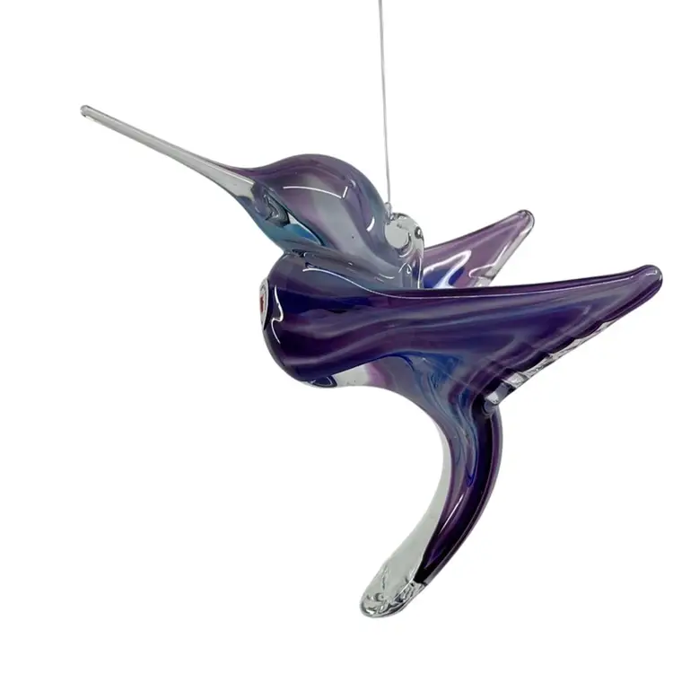 Three Crow Art Glass Canada Lavender Cobalt Swirl Hummingbird Ornament Signed 4.5H 3.25W