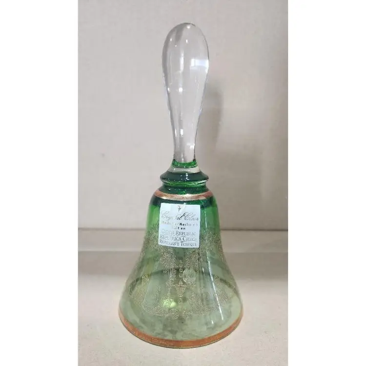 VTG Emerald Green Gold Etched Czechoslovakia Hand Bell w/Label 7"