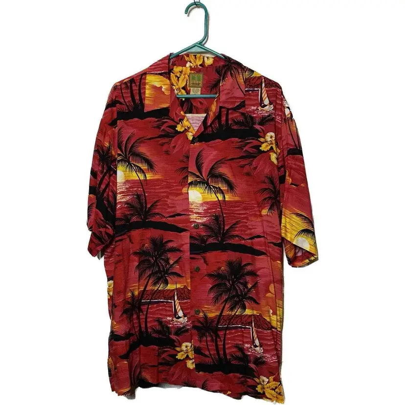 Mens Hana Bay Hawaiian Shirt Island Tropics XL 100% Rayon Red, Palm Trees, Boats