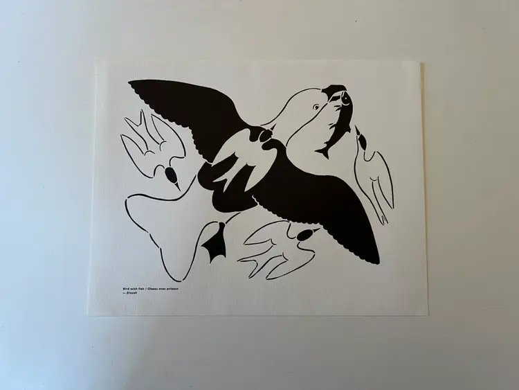 1970s Inuit Art Print - Bird with Fish by Sivuak. Vintage Eskimo Art
