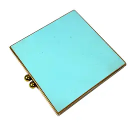 3” Blue Enamel & Brass Double-Photo Vintage Compact. Glass & Brass Interior. Signed KENDAY.