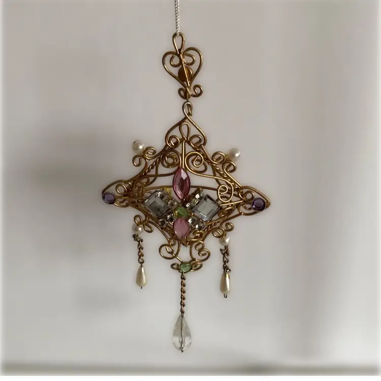 Victorian Style Gold Metal Filigree With Rhinestone Accents