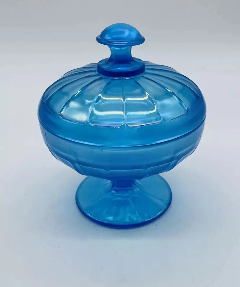15. Fenton Stretch Iridescent Celeste Blue Covered Bon Bon Candy Dish