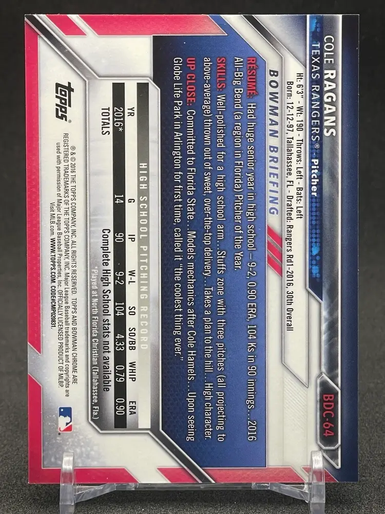 2016 Bowman Draft - Chrome Draft Picks Cole Ragans #BDC-64 Sky Blue Refractor