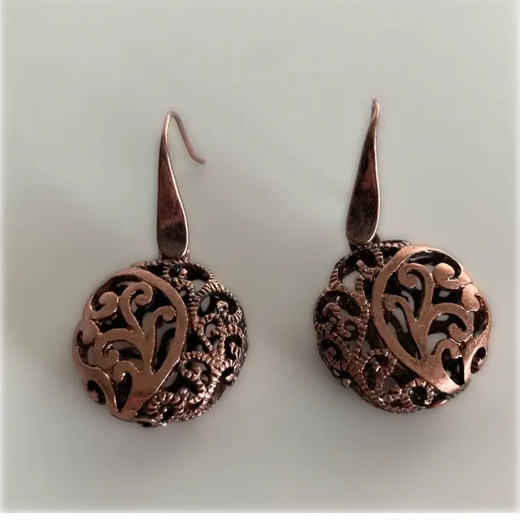 Artisan Antiqued Copper Filigree Dangle Earrings
