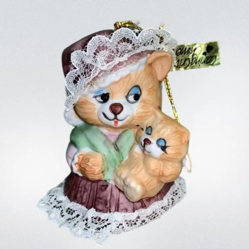 Jasco Caring Critter Chimers Bell MOMMY & BABY kitty Bisque Porcelain Ornament