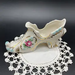 Porcelain Victorian Miniature Shoe 2.5” tall 4” long Pink Roses Blue Gold Accents