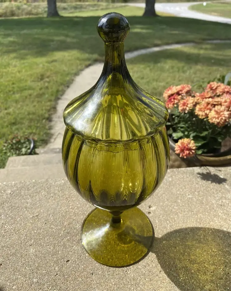 MCM Avocado Colored Empoli Lidded Glass Candy Dish Ribbed Pattern Twisted Finial