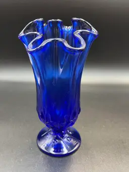 Vtg. Fenton Cobalt Ruffled Footed Vase