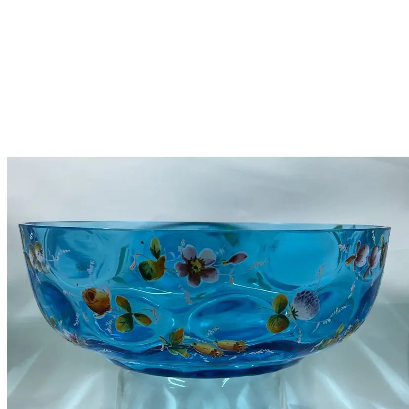 EAPG Blue Glass Bowl With Hand Painted Enamel Flowers