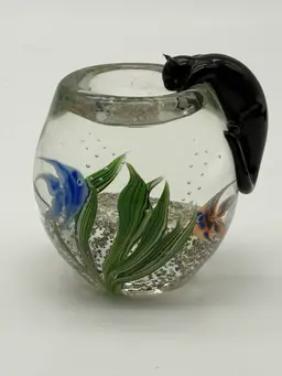 Vintage CORREIA Signed Paperweight Cat Looking Into Fishbowl
