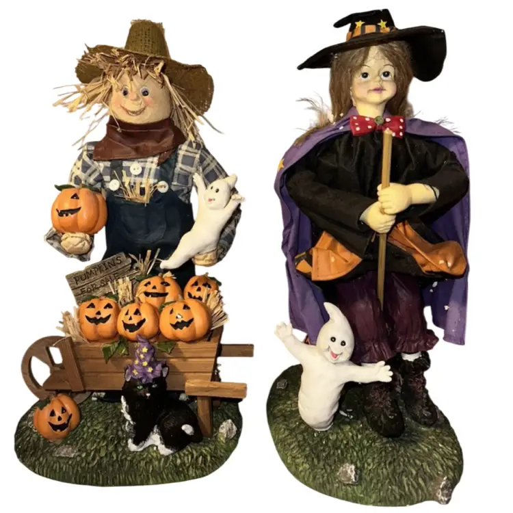 Halloween Scarecrow and Witch 13” Fabric Mache Figurines In Box
