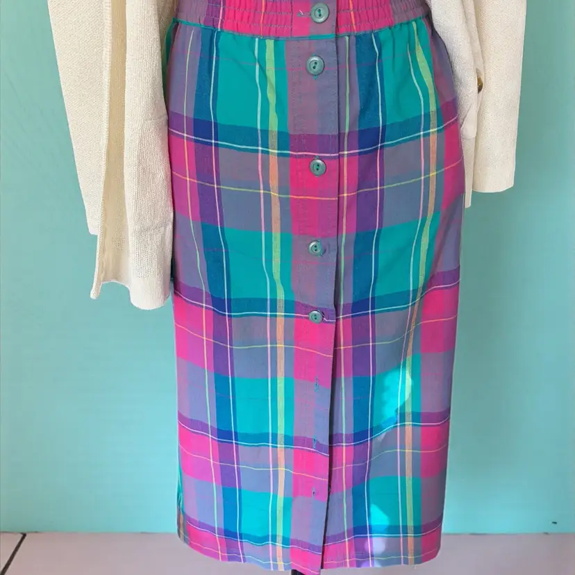 Vintage Jansen Pink Blue Purple Plaid Button Front Skirt Late Century Normal Size 12